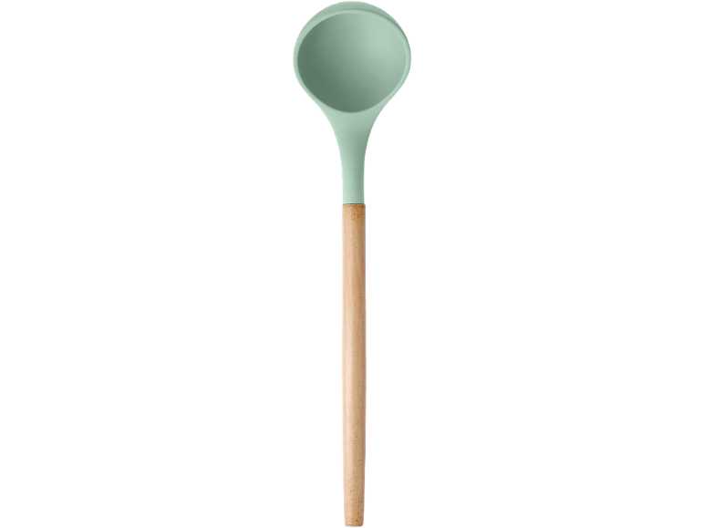 Mestolo con testa in silicone verde menta e manico in legno.