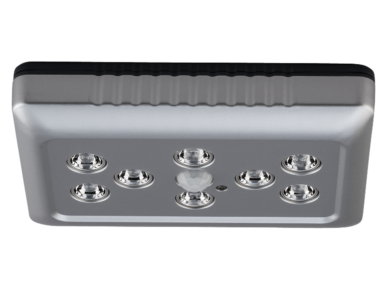 Luce LED argento e nera con sensore di movimento.