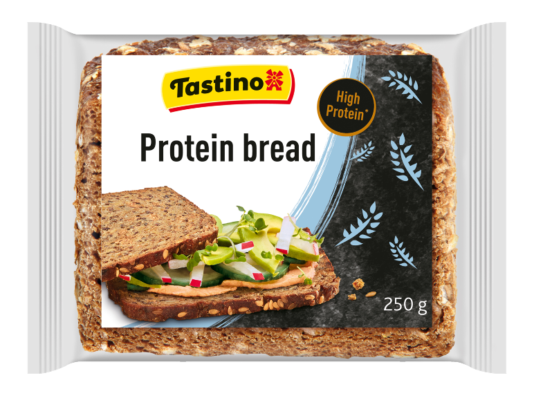 Pane proteico confezionato con testo 'High Protein' e immagine di un sandwich all'avocado.