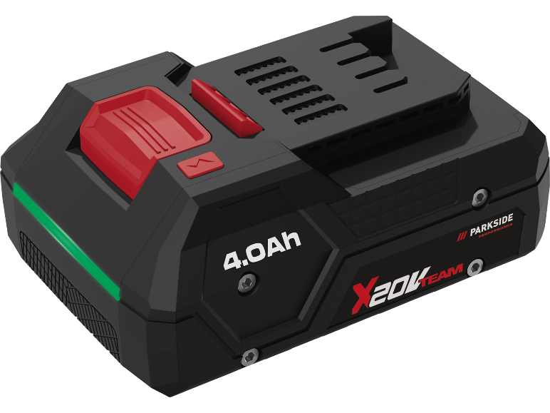 Batteria da 4.0 Ah per utensili elettrici, nera con accenti rossi e verdi.