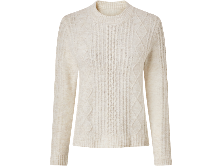 Maglione color crema con trecce e motivi a rombi.