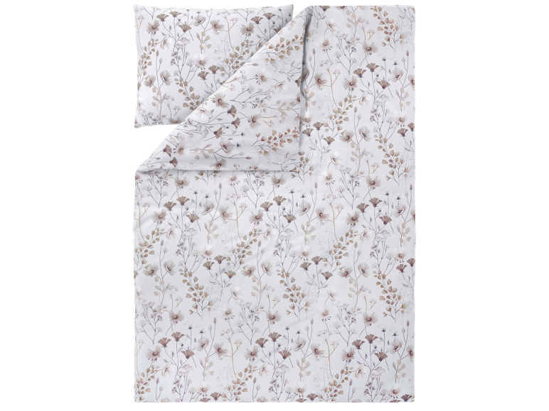 Biancheria da letto con motivo floreale marrone e bianco.
