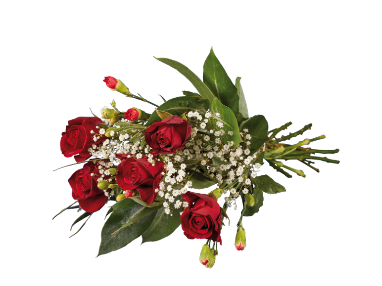 Mazzo di rose rosse e fiori bianchi di gypsophila su sfondo nero.