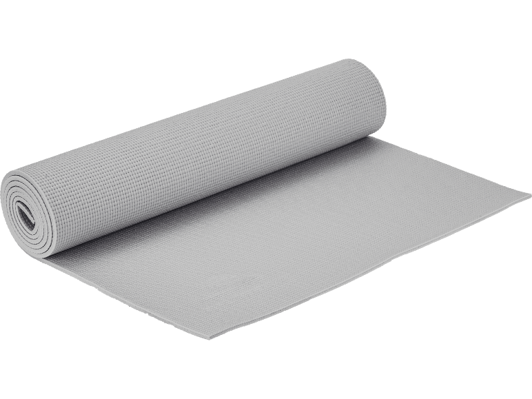 Tappetino yoga o fitness grigio, parzialmente arrotolato