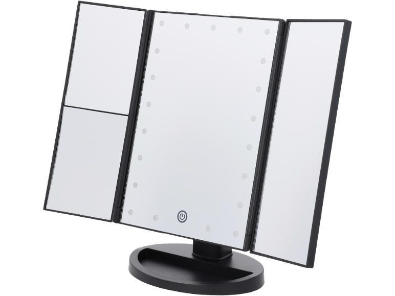Specchio per il trucco a tre ante con luci LED e base.