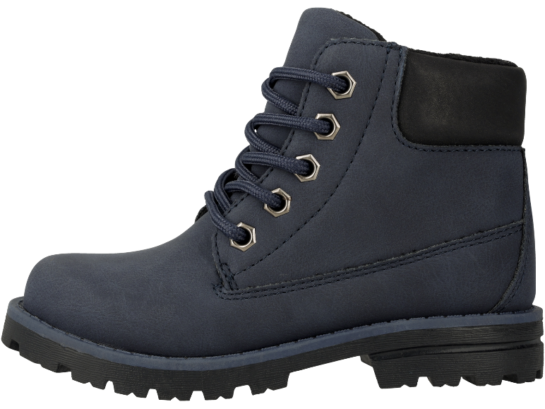 Stivaletto blu con lacci e dettagli metallici.