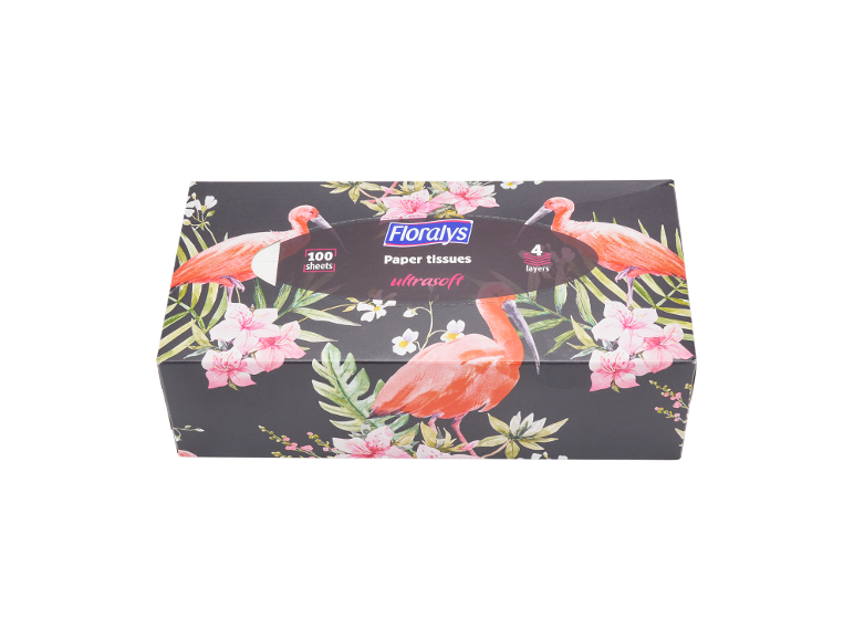 Confezione di fazzoletti con motivo tropicale, fenicotteri e fiori, testo '100 sheets' e '4 layers'.