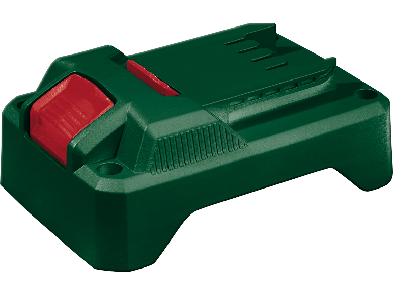 Batteria verde per utensile elettrico con pulsante di rilascio rosso.