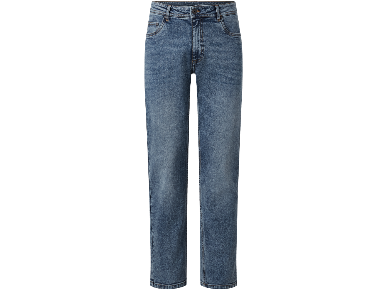 Jeans blu lavati con effetto consumato e taglio dritto.