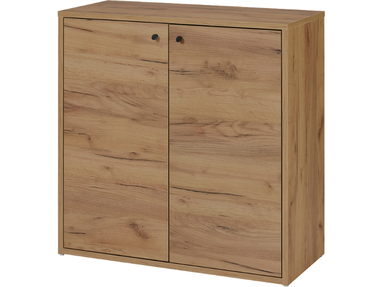 Mobile in legno con due ante e maniglie nere.