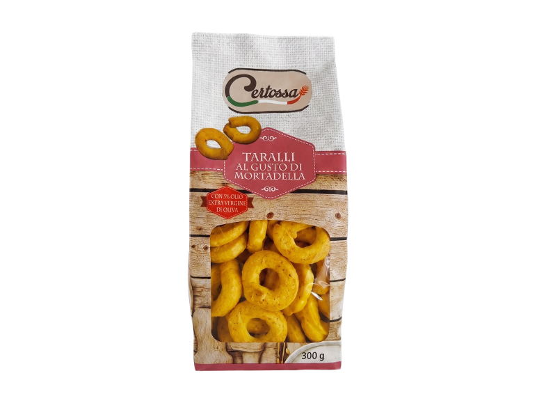 Confezione di taralli al gusto di mortadella, con 5% di olio extra vergine d'oliva, 300 g.