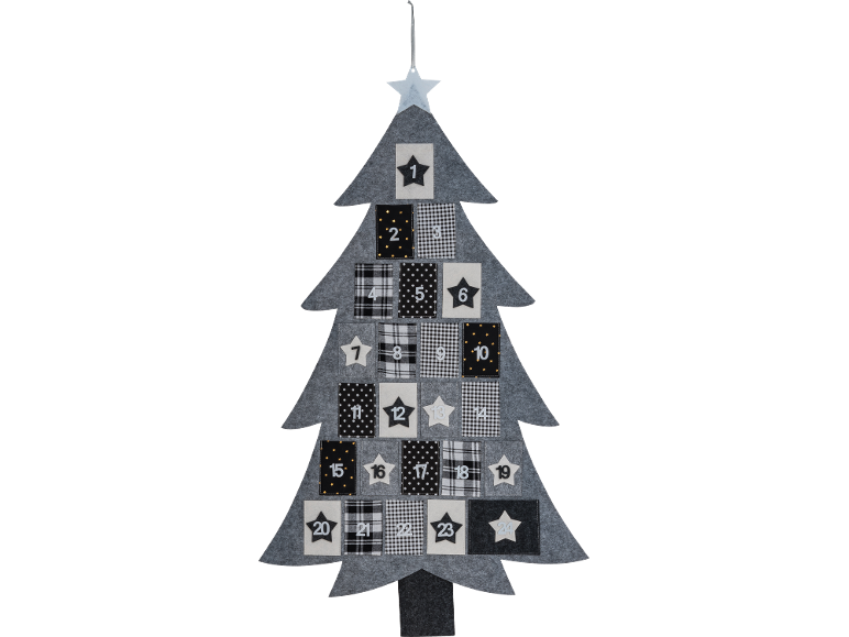 Calendario dell'Avvento in feltro a forma di albero di Natale con tasche numerate da 1 a 24.
