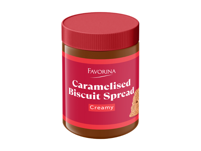 Vasetto di crema spalmabile al biscotto caramellato, cremosa, con coperchio ed etichetta rossi.