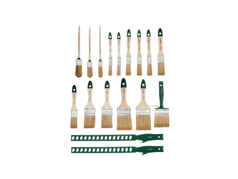 Un set di pennelli vari e due telai verdi per rulli da pittura.