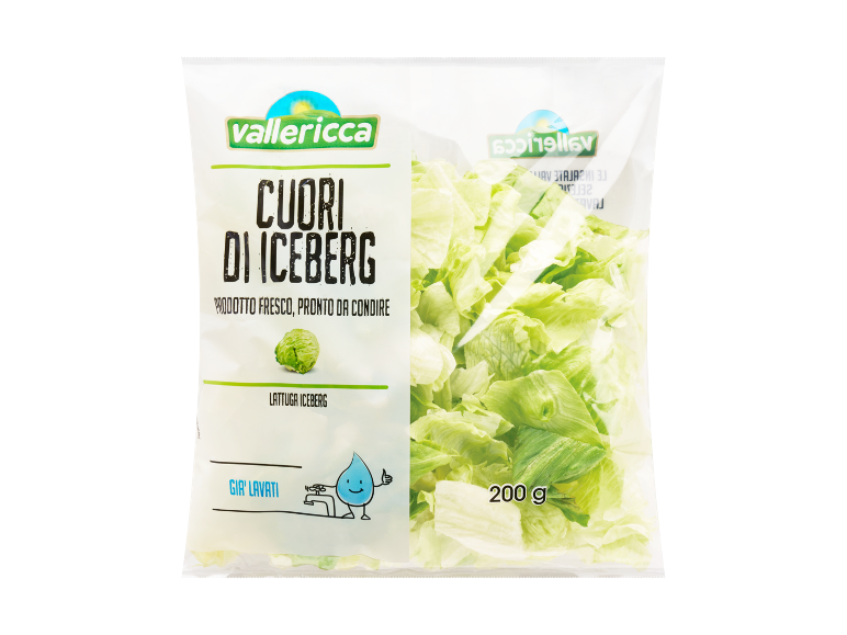 Confezione di cuori di lattuga iceberg tagliati, pronti da condire, 200 g.
