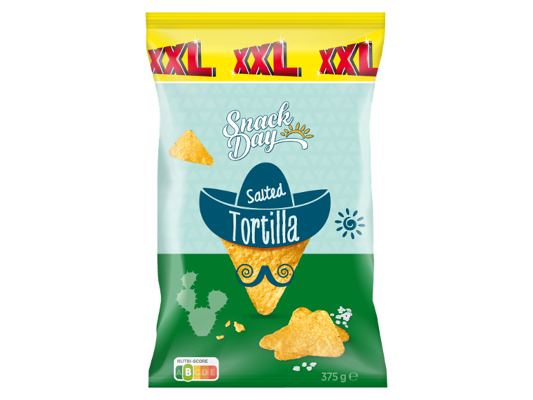 Busta XXL di tortilla chips salate con sombrero e baffi.