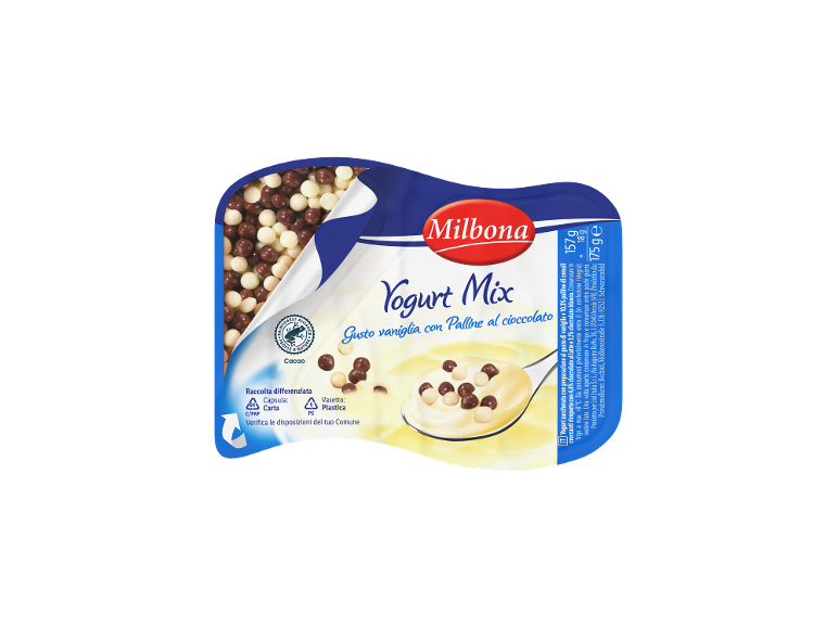 Yogurt gusto vaniglia con palline di cioccolato al latte e cioccolato bianco.