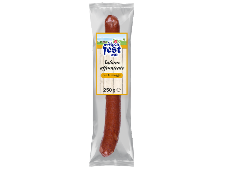 Salame affumicato con formaggio in confezione trasparente, 250 g.