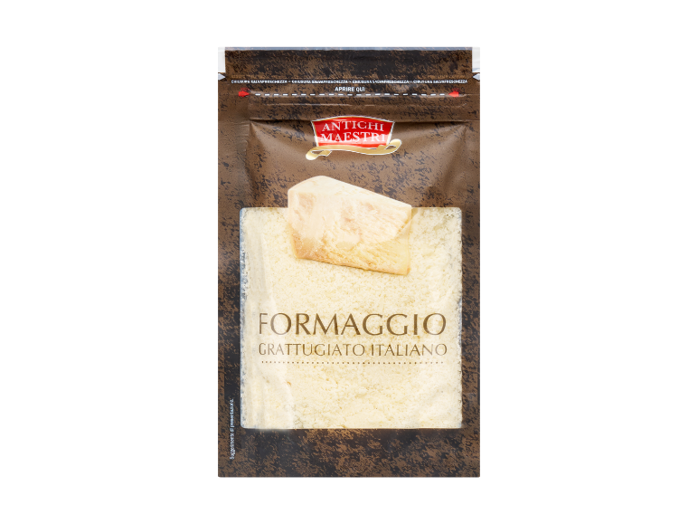Confezione di formaggio grattugiato italiano con un pezzo di formaggio sopra, con chiusura salvafreschezza.