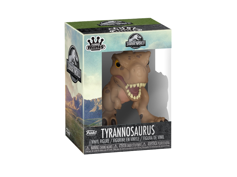 Action figure in vinile di tirannosauro in una scatola a tema dinosauri.