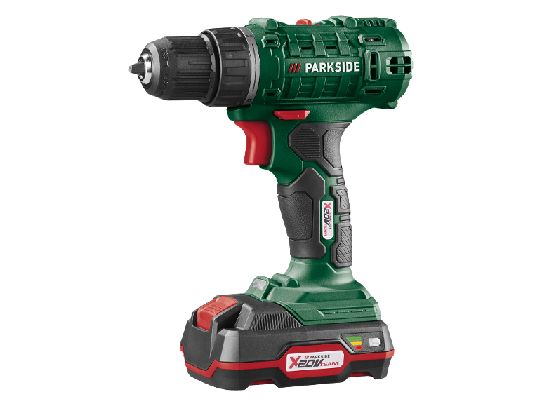 Trapano avvitatore a batteria con batteria X 20V Team su sfondo nero.