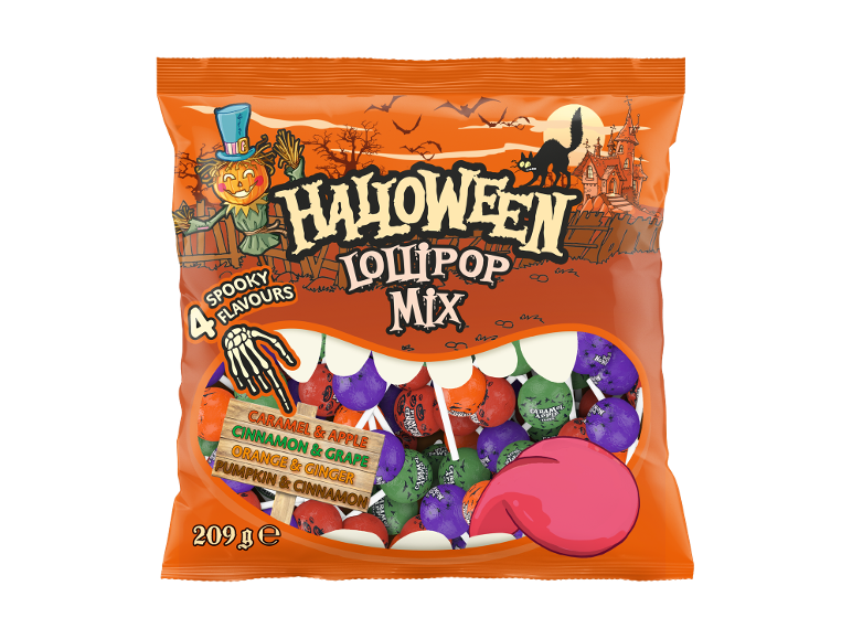 Sacchetto di caramelle di Halloween con lecca-lecca in 4 gusti spettrali: caramello e mela, cannella e uva, arancia e zenzero, zucca e cannella.