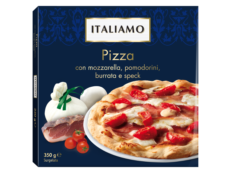 Pizza surgelata con mozzarella, pomodorini, burrata e speck.