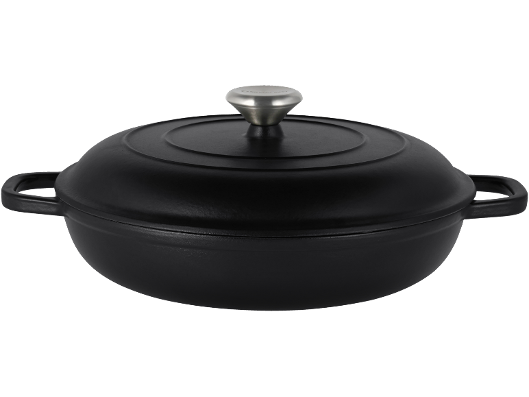 Pentola in ghisa nera con coperchio e pomello metallico.