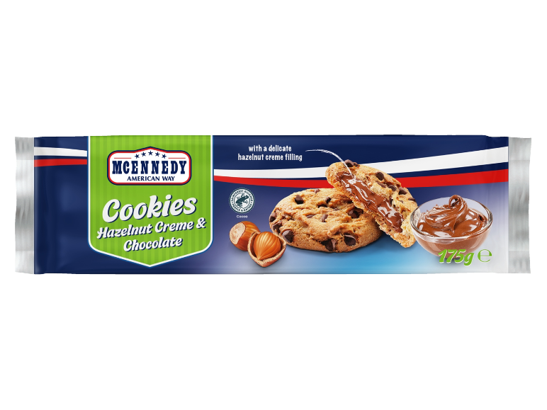 Confezione di biscotti con crema di nocciole e cioccolato, indicante «175g».