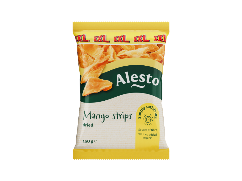 Confezione XXL di strisce di mango essiccate, fonte di fibre, senza zuccheri aggiunti, 150 g.