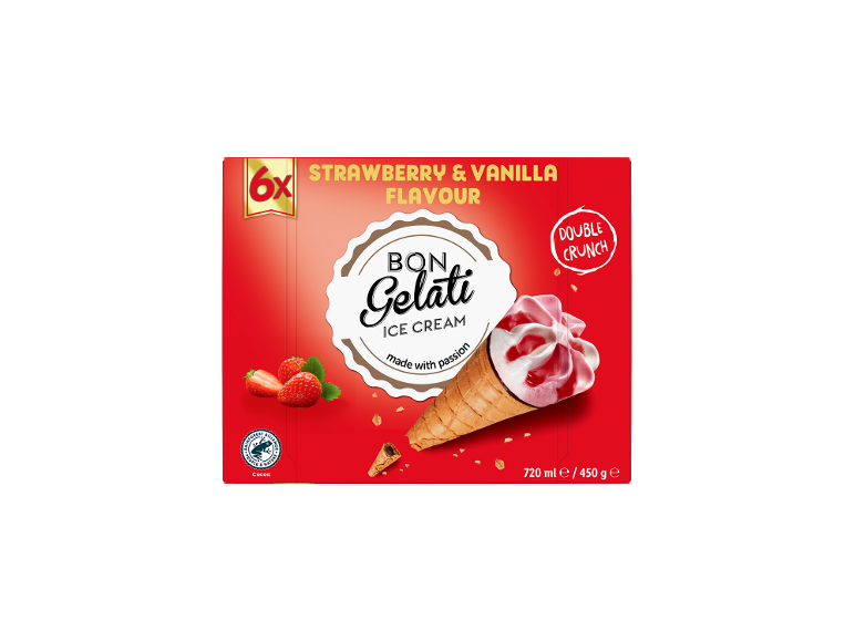 Scatola rossa di 6 coni gelato fragola e vaniglia con doppio croccante.
