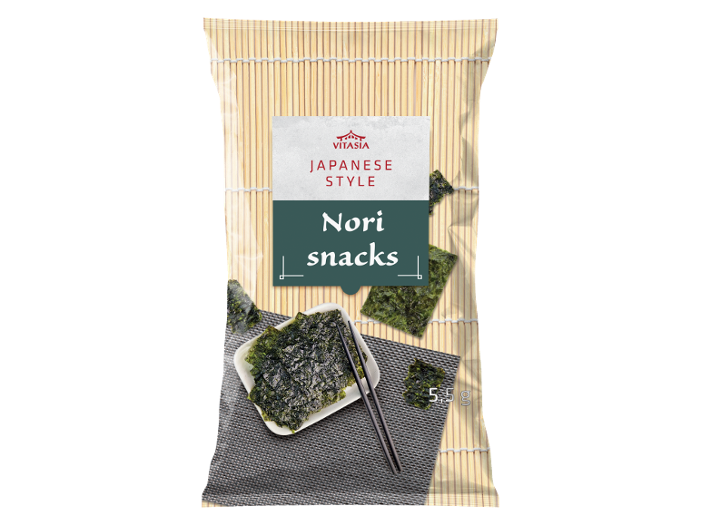 Snack di nori in stile giapponese in confezione con motivo bambù
