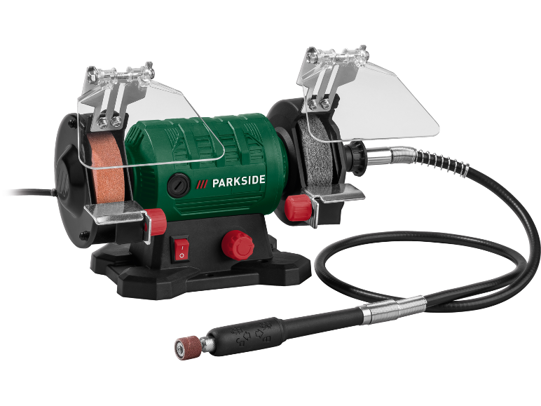 Smerigliatrice da banco con albero flessibile e coperture protettive.