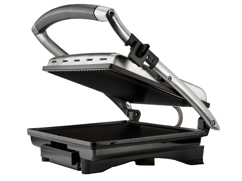 Grill aperto per sandwich e panini in acciaio inossidabile e plastica nera.