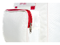 Borsa bianca con cerniera rossa e dettagli di cucitura.
