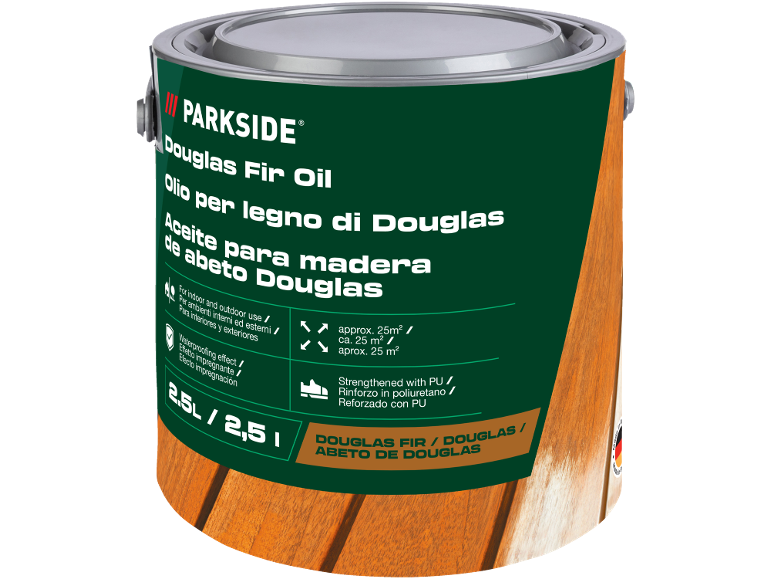Lattina di olio per legno di abete Douglas da 2,5 litri per uso interno ed esterno.