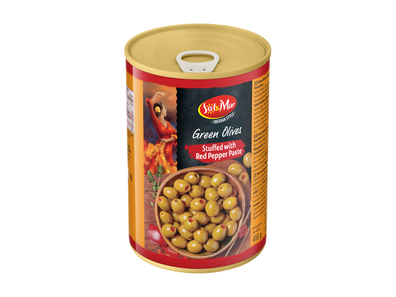 Olive verdi ripiene di pasta di peperone rosso, stile iberico, lattina da 410g.