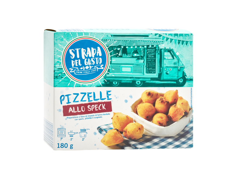 Scatola di pizzelle allo speck, con un food truck sullo sfondo.