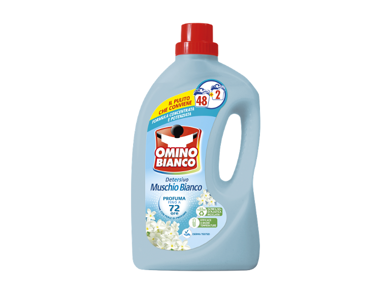 Flacone di detersivo azzurro al profumo di muschio bianco, 48+2 lavaggi, 72h di fragranza.