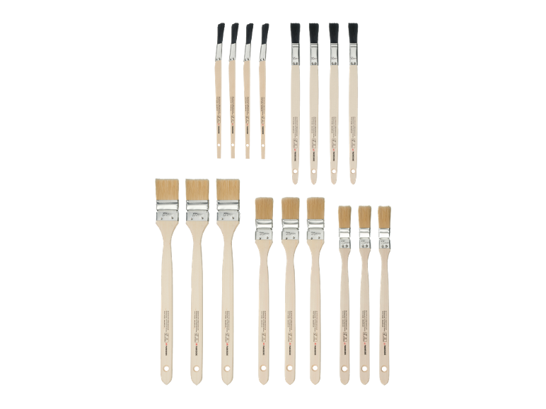 Set di 20 pennelli e spazzole per pittura in varie misure, inclusi 20 mm, 25 mm, 38 mm e 50 mm.