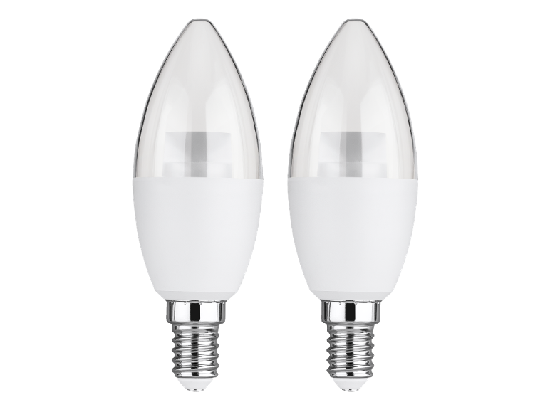 Due lampadine LED a forma di candela con attacco a vite.