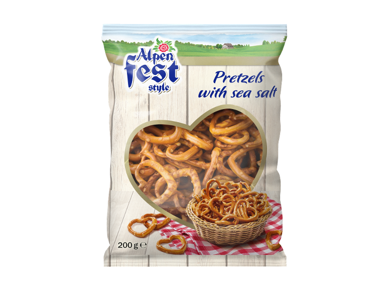 Confezione di pretzel con sale marino, con pretzel a forma di cuore visibili.