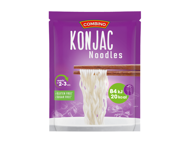 Confezione di noodles di konjac, pronti in 2-3 minuti, senza glutine e senza zuccheri, 84 kJ/20 kcal per 100g.