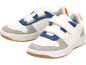 Paio di sneakers bianche per bambini con dettagli blu e grigi e suola marrone.