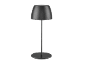 Una lampada da tavolo grigio scuro, moderna e minimalista con paralume a cupola e base rotonda.