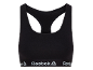 Reggiseno sportivo nero con spalline incrociate sulla schiena e fascia inferiore con testo.