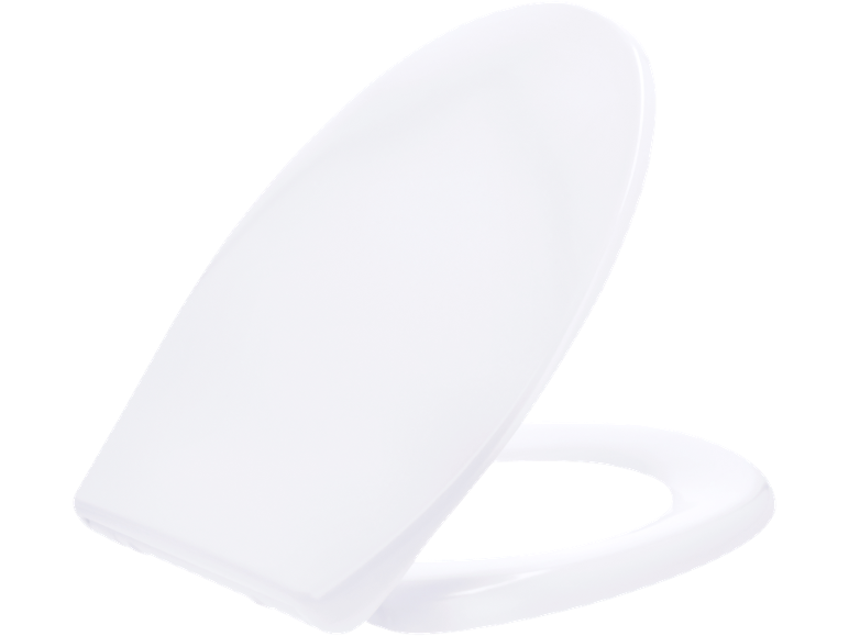 Copriwater bianco con sedile, leggermente aperto su sfondo nero.