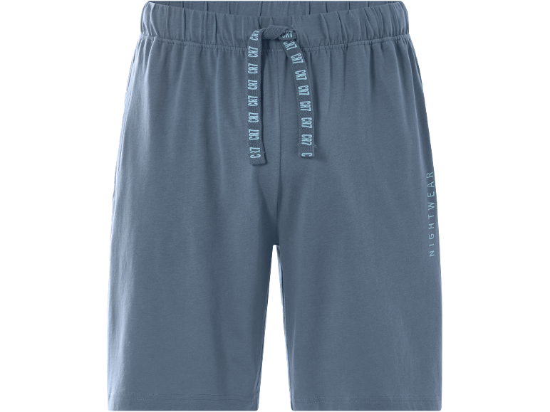 Pantaloncini da pigiama blu con coulisse con testo ripetuto e la parola 'NIGHTWEAR' sulla gamba.