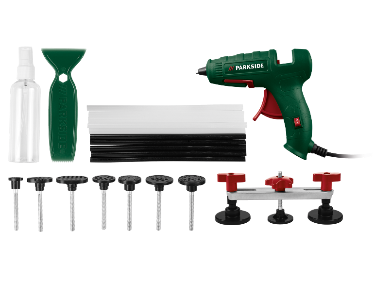 Kit di riparazione ammaccature con pistola per colla a caldo, ventose e accessori.