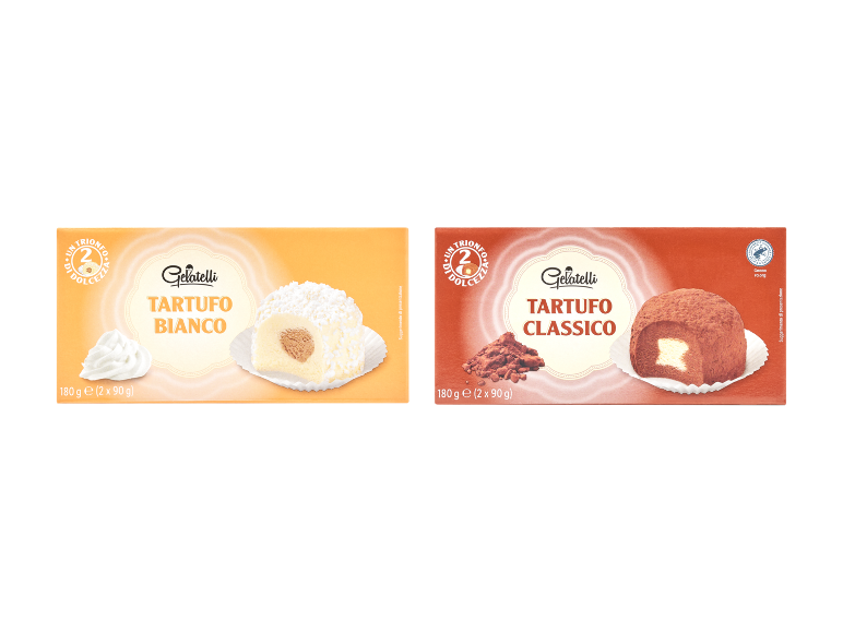 Due tartufi gelato: uno bianco al cocco e uno classico al cacao.